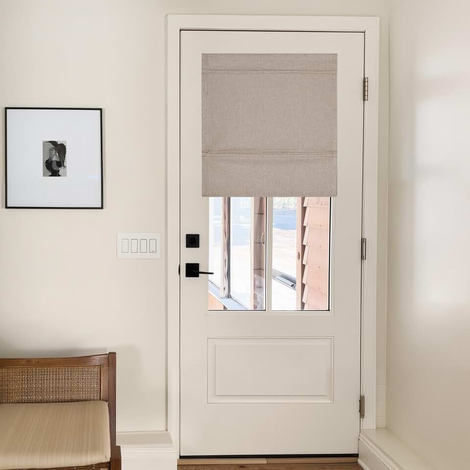 NICETOWN 100% Blackout No Drill Roman Shades for Windows & French Door, Linen Blend Cordless Door Curtain with Magnetic Lift, Easy Install Privacy Window Blind, Taupe, W 27 x L 64, 1 Panel
