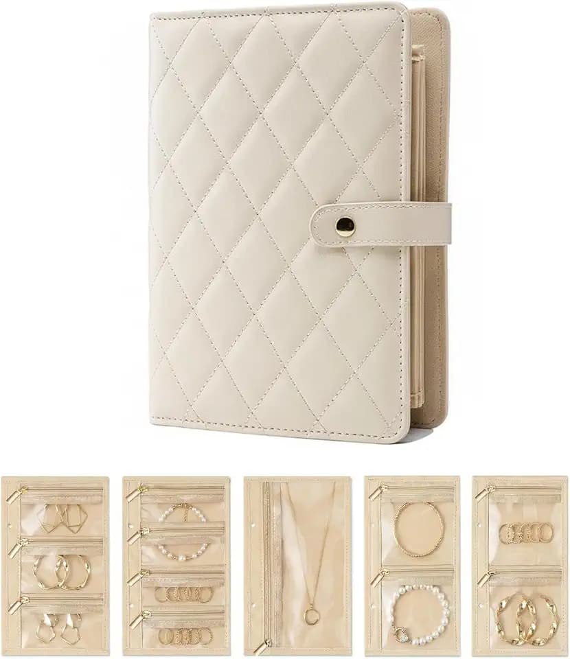 Travel Jewelry Case Bag Organizer, Foldable Earring Organizer Compact Storage Stand Binder for Travel with 5 Clear Zipper(Beige)