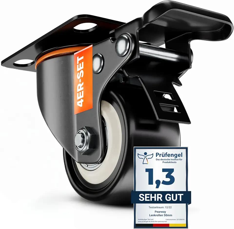PEARWAY™ Schwerlastrollen 50mm - bis 320kg mit 4x Bremse - extra leise & langlebig - Möbelrollen mit Bremse - Rollen für Möbel & Schwerlast - Lenkrollen für Möbel & Outdoor - Laufrollen - Bockrollen