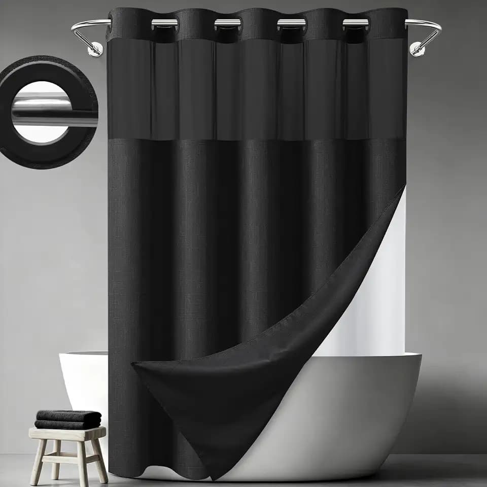 LXBNI Ringless Shower Curtain with Liner for Bathroom, Black, 72x75