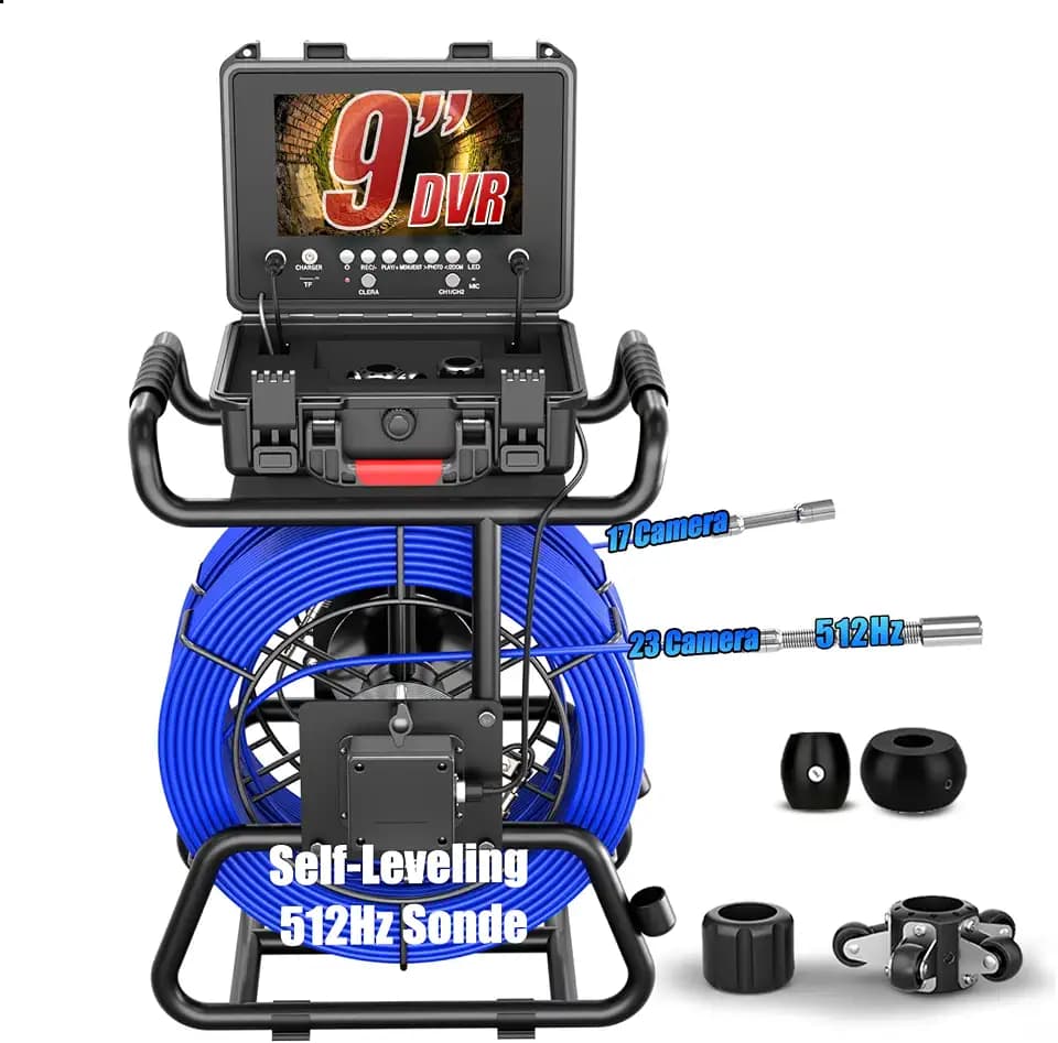 Sewer Camera Self Leveling, 9'' Drain Camera with 512Hz Sonde & Meter Counter, Dual-Lens Pipe Camera w/ 16GB DVR, 2x165ft Cables, 23mm/17mm 1080P Probes, 4500mAh, Sewer Inspection Camera for Plumbers