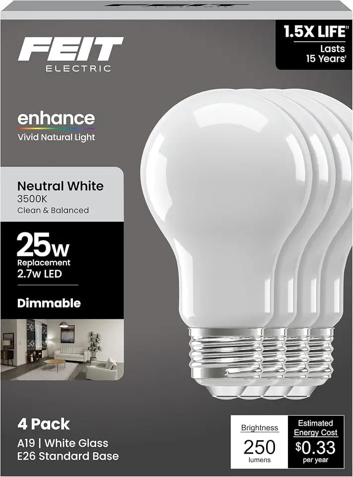 Feit Electric Enchance A19 LED Light Bulbs, 2.7W (25W Equivalent), Neutral White 3500K, Dimmable, 90+ CRI, E26 Base, 17,000-Hour Lifetime, Residential or Commercial Bulb, A1925/935CA/FIL/4/GB, 4-Pack