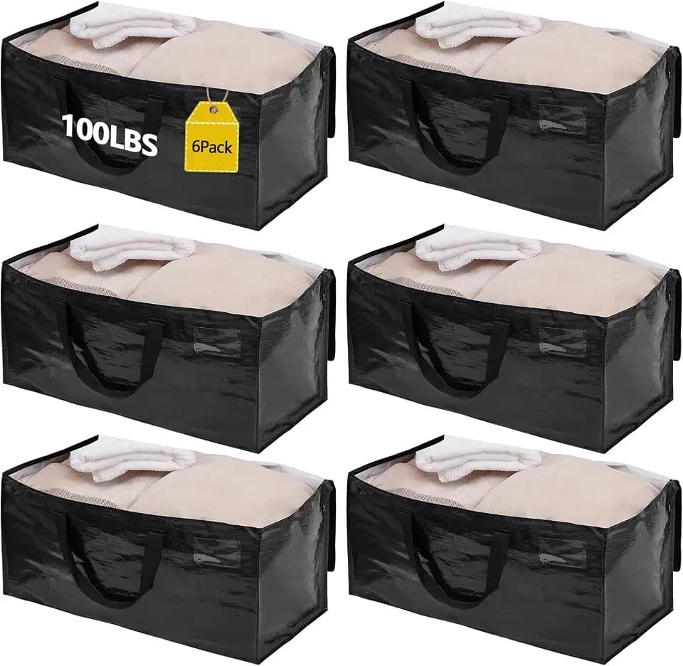 6 Pack Waterproof Moving Storage Bags, 100 lbs Extra Large Heavy Duty Totes with Reinforced Handles & Strong Zippers, Reusable Moving Box Alternative for Packing Moving Household Storage, 95L, Blue
