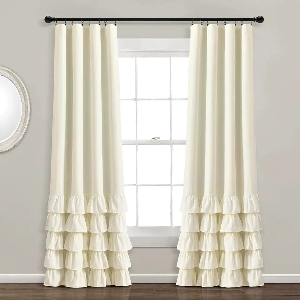 Lush Decor Allison Ruffle 100% Blackout Window Curtain Single 40" W x 84" L Ivory - Cream Blackout Curtains for Bedroom or Nursery - Coquette Curtains