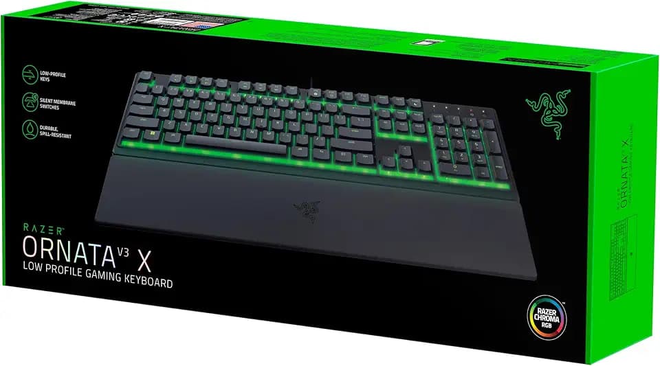 Razer Ornata V3 X RGB Low Profile Gaming-Tastatur (Leise Membranschalter, Tastenkappen mit UV-Beschichtung, ergonomische Handballenauflage, Razer Chroma RGB) IT-Layout, Schwarz