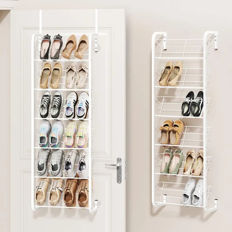 SWTYMIKI Over the Door Shoe Organizer - 6 Tier Wall Mount Shoe Rack for Door Storage- Heavy Duty Metal Hanging Shoes Shelf for Flats, Heels, Sneakers, Boots White