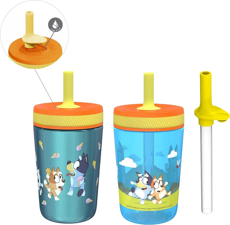 Zak Designs Bluey Kelso Leak-Proof Toddler Straw Cups, 3pc Set