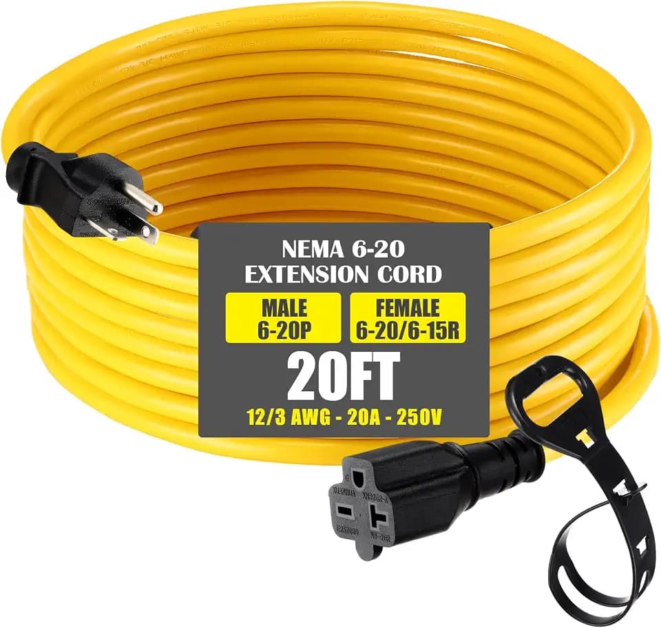 20 FT Nema 6-20 Extension Cord, 6-20P Male to 6-20R/6-15R Female