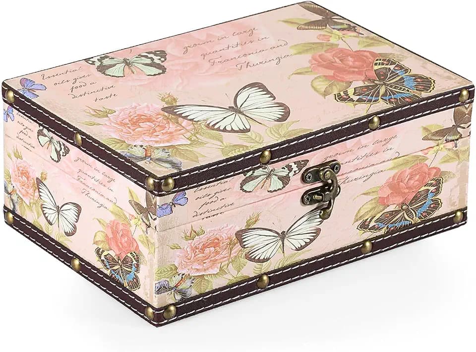 ELLDOO Butterfly Treasure Chest Box, Wooden + PU Leather Storage Decorative Box for Jewelry Trinkets Photos, Rectangular Keepsakes Box for Girls Women Gifts