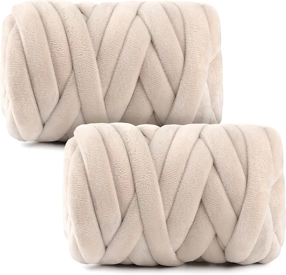 Chunky Yarn for Hand Knitting - Super Bulky Chenille (Beige, 2 Pack)