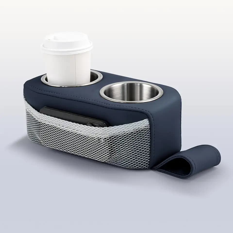 Pontoon Cup Holder Stainless Steel Double w/Side Pocket Blue