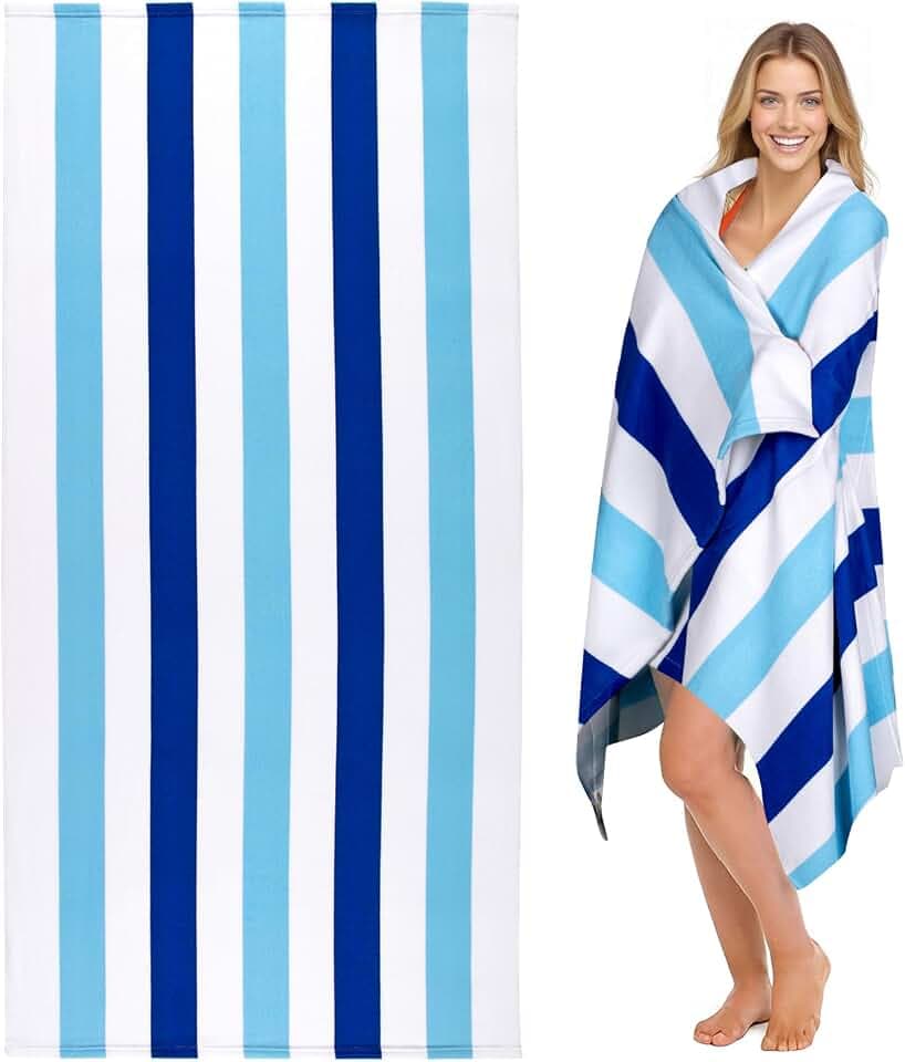 cabanana Large Oversized Beach Towel - Microfiber Sand Free 35 x 70 Inch Quick Dry Lightweight Pool Towel for Adults, Thin Striped Swim Towel (Navy)