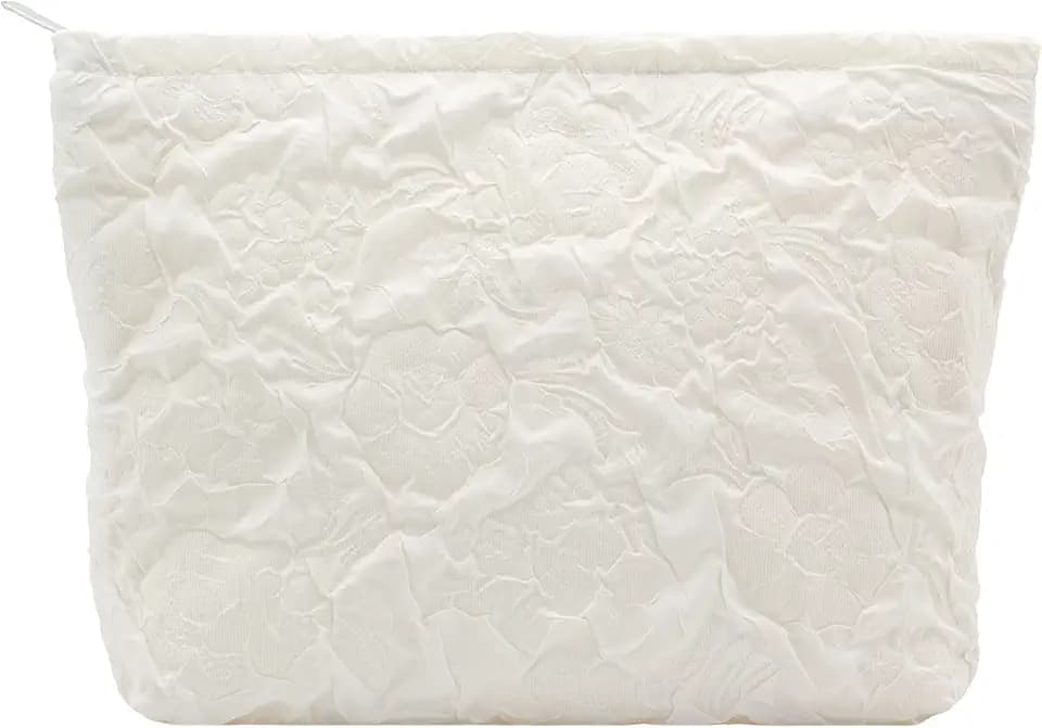 PAZIMIIK Makeup Bags for Purse Zipper Cosmetic Pouch Large Travel Canvas Make Up Organizer Tool Pouch for Women and Girls,Flower Ivory