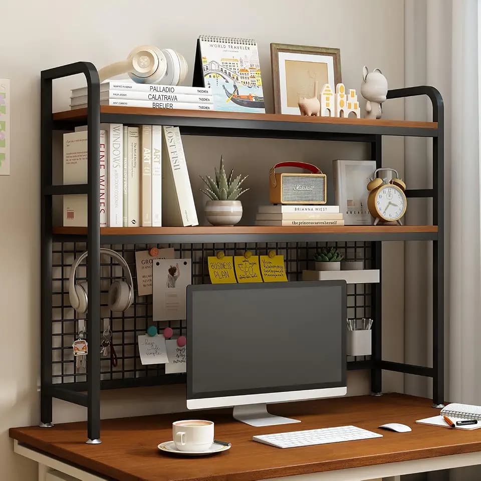 IOTXY 2-Tier Desktop Hutch Bookshelf, Metal Desk Shelf, Black, 45.3" W