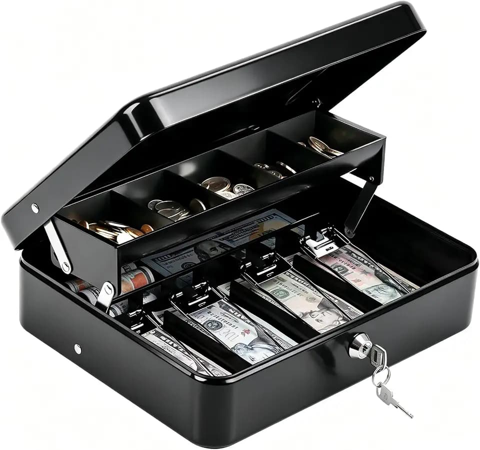 KYODOLED Cash Box with Money Tray and Key Lock, 1mm Thick Metal Cash Drawer