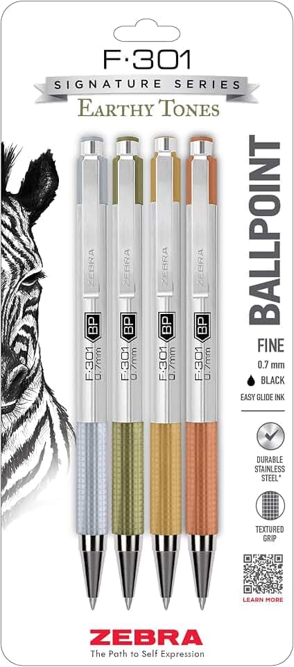 Zebra Pen F-301 Earthy Tone Barrels Ballpoint Pen, Black, 0.7mm, 4-Pack