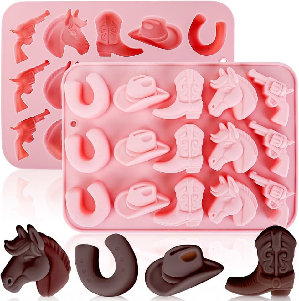 Western Themed Cowboy Silicone Molds 2PCS, Chocolate Jello Plaster Moulds with Horse Head Boot Hat Saddle Design, Ice Mold for Large-Sized Candy Desserts Making(Large-Sized Cavities)