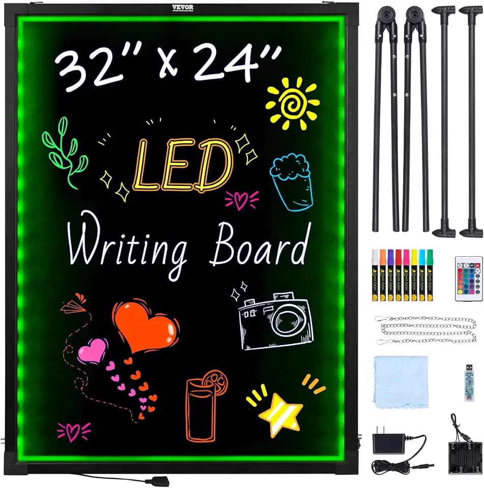 VEVOR 32"x24" LED Message Writing Board, Menu Sign Boards, Illuminated Erasable Lighted Chalkboard, Neon Effect Drawing Panel with 8 Fluorescent Chalk Markers and Remote Control