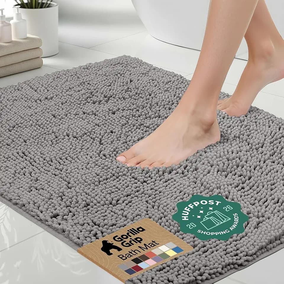 GORILLA GRIP Bath Rug Mat for Bathroom, Absorbent Chenille, 48x17 Gray