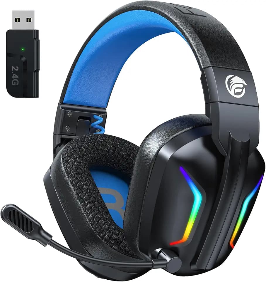 Fachixy FC-300 Gaming Headset mit Mikrofon, 2,4G Wireless Headset für PS5, PS4, PC, Switch, Mac, Surround Sound Faltbarer Bluetooth Gaming Kopfhörer kabellos mit LED Licht, Über 50H+ Akkulaufzeit