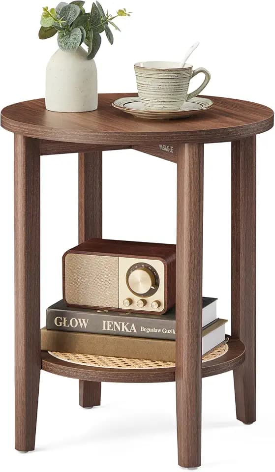 VASAGLE Round Side End Table, 2-Tier Boho Bedside Table with Rattan-Look