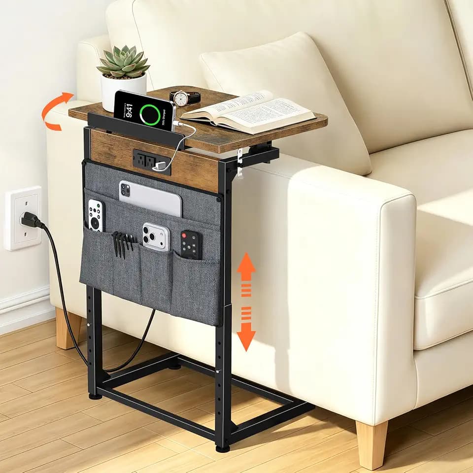 Small C Shaped End Table with Charging Station, Adjustable Height Sofa Side Table with Tilting Desktop, TV Tray Night stand with Storage Bag, Narrow Couch Table USB Ports Outlets Living Room Bedroom