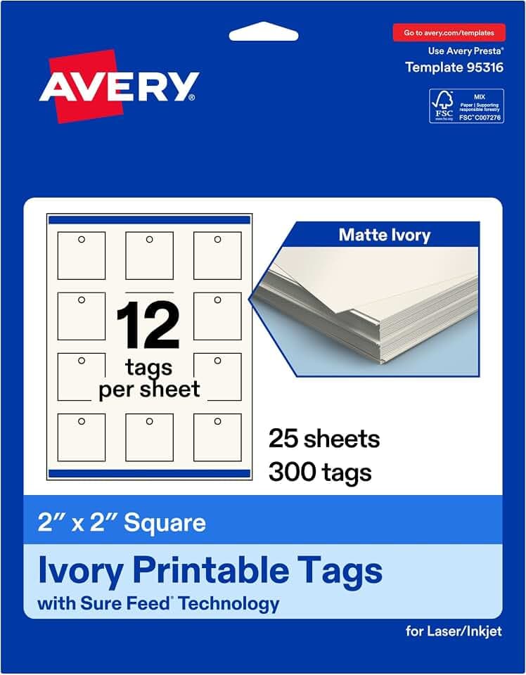 Avery® Printable Square Tags, Sure Feed® Technology, 2" x 2", Matte Ivory Cardstock, Print-To-The-Edge, Laser/Inkjet Printable, 300 Total, Great for Custom Gift or Branding Tags