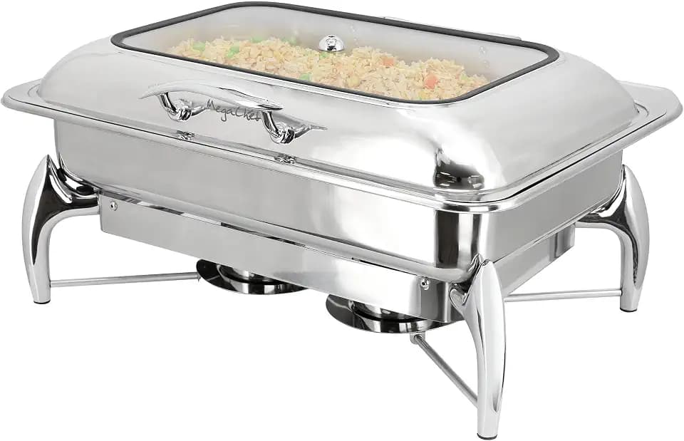 MegaChef 9.5 Quart Stainless Steel Professional Chafing Dish/Food Warmer/Buffet Server Serving Trays w/Hinged Lid & View Window for Entertaining/Catering/Large Gatherings(6.3 Quart Squart w/Window)