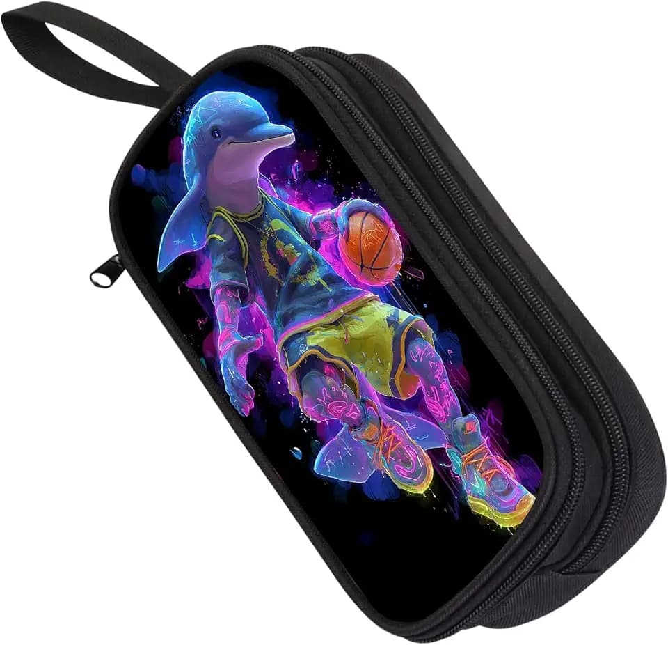 Basketball Pencil Pouch for Boys Girls, Kids Pencil Case with Compartments Dolphin Design, Large Capacity Double Zipper School Supplies Bag Organizer Box for Students Age 6+