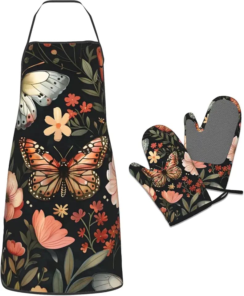 Butterflies Heat-Resistant Oven Mitts and Apron,Set of 3 Heat Resistant Kitchen Gloves, Cotton Nice Design for Cooking, Standard, Butterfly Black