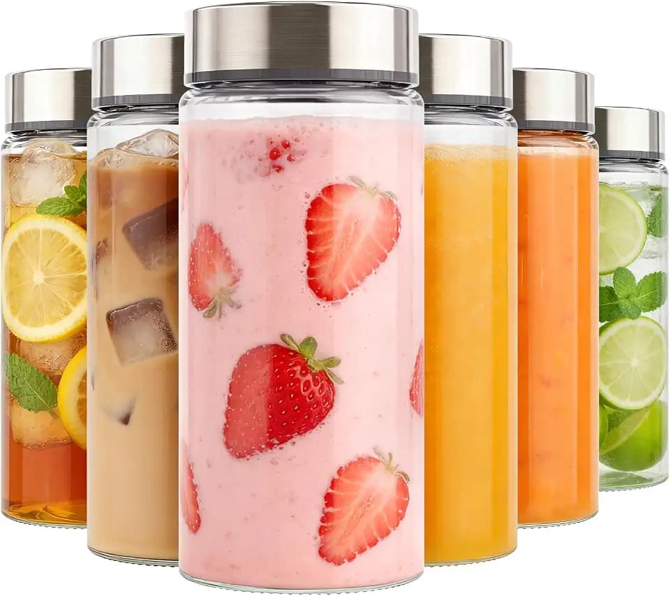16 oz Wide Mouth Glass Juice Bottles with Stainless Steel Lids