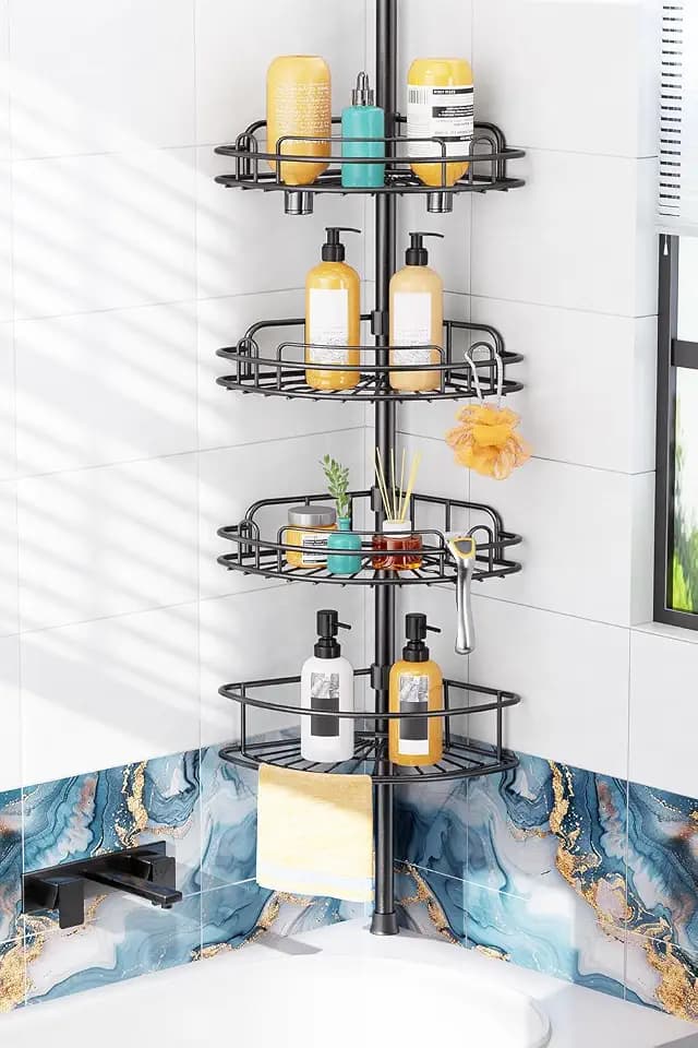 HAMITOR Corner Shower Caddy Tension Pole: No-Drill Rustproof Bathroom Shelf