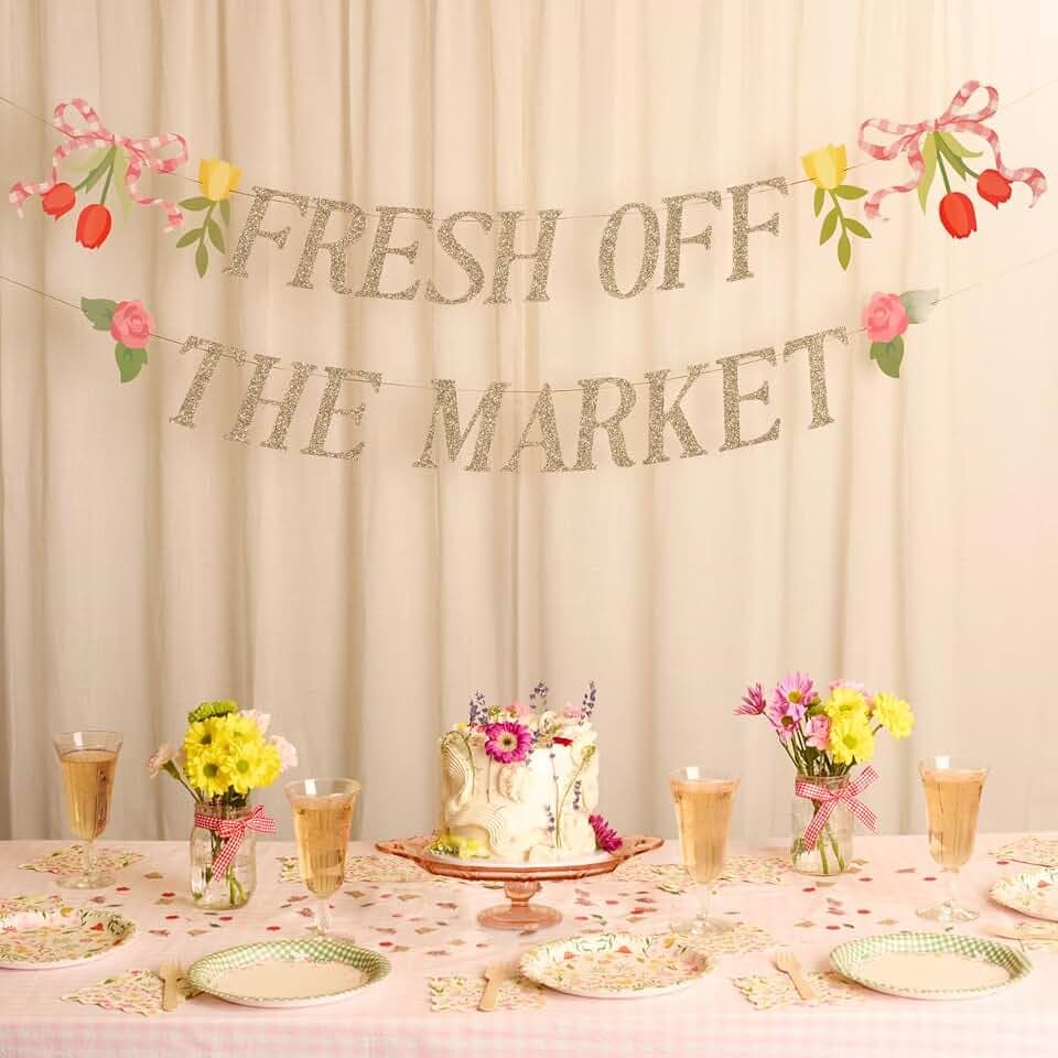 xo, Fetti Fresh Off The Market Banner | Bachelorette Decorations, Bridal Shower, Engagement Party, Bride To Be, Gold Glitter, Floral, Farmers Market