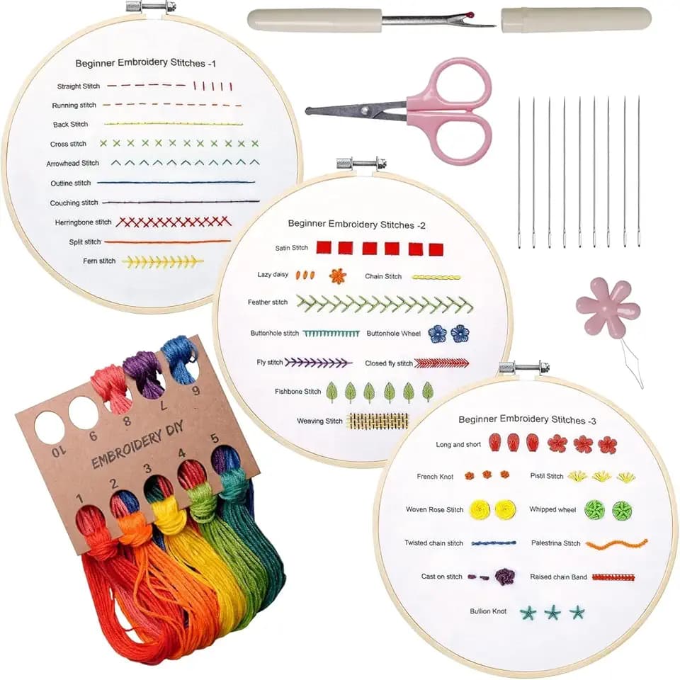 QIZUOLIFE Embroidery Kit, 3 Pcs 7.8 Inch Adjustable Hoops, 30+ Stitches