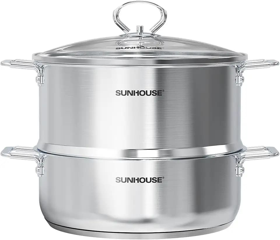 SUNHOUSE 9.3 QT Stainless Steel Steamer Pot for Cooking with Glass Lid
