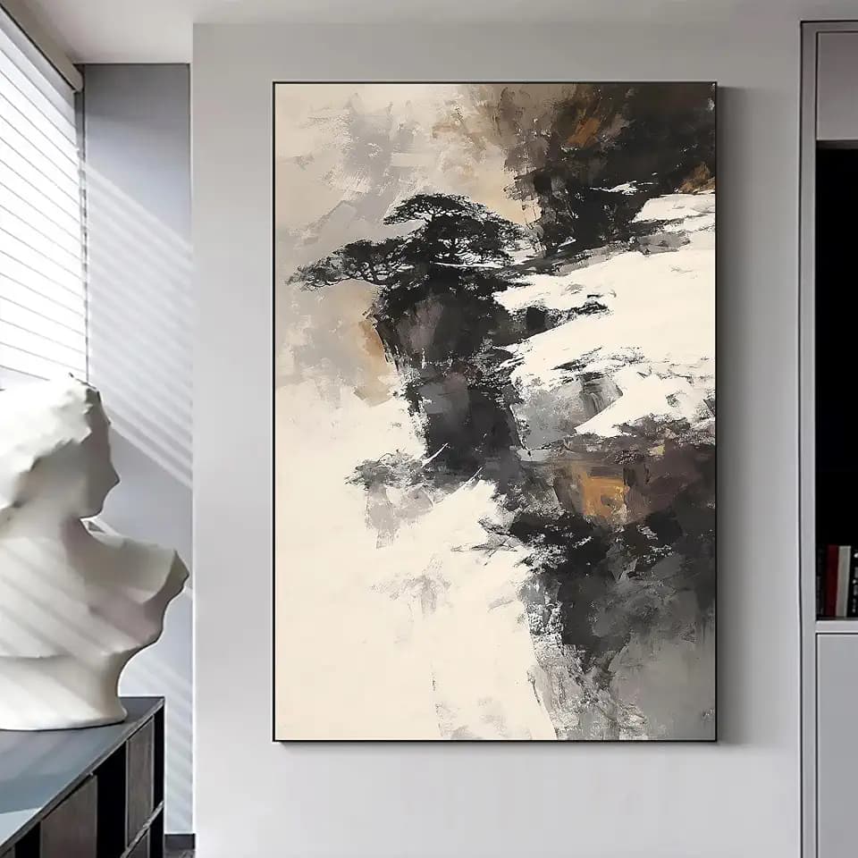 Black and White Grey Abstract Wall Art Black Beige Modern Abstract Pictures Black and White Mountains Picture Black Brown Beige Wall Art Black Grey Modern Painting Black Beige Poster 16x24in No Frame