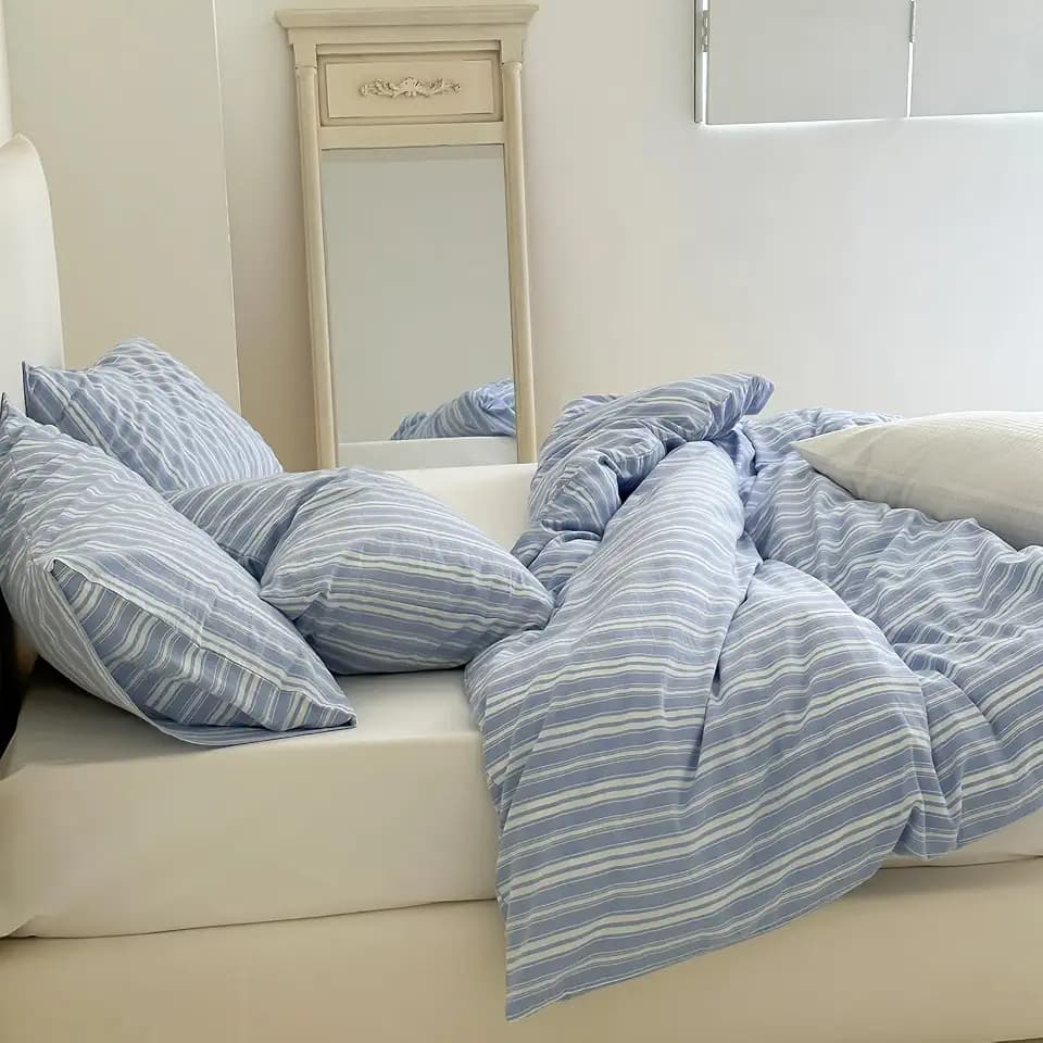 LifeTB Striped Duvet Cover Set King, 100% Washed Cotton Blue White Stripes Pattern Printed Comforter Cover, Farmhouse 3 Piece Striped Bedding Set Breathable Duvet Cover with Zipper Closure