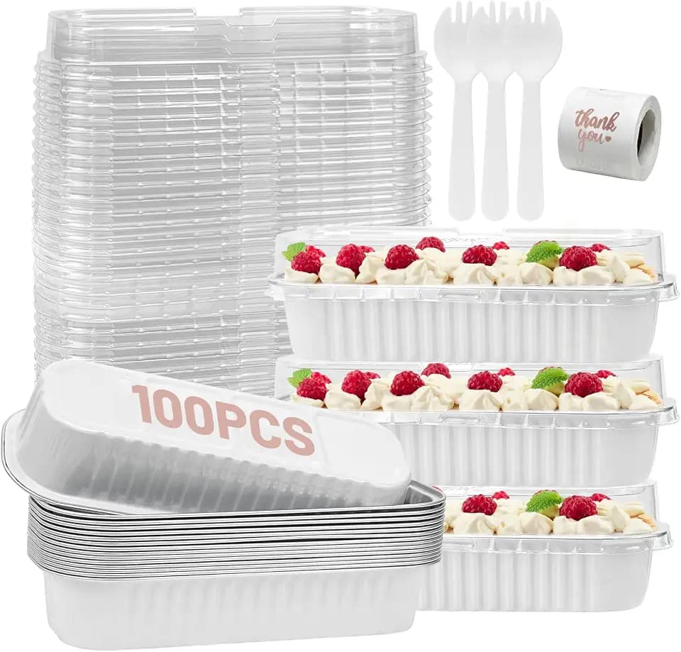 100Pack Mini Loaf Pans with Lids and Spoons and Stickers Individual Mini Cake Pans Disposable Portable Stackable, 6.8Oz Aluminum Pans Tins, Dessert Cups Containers for Sales,Party White