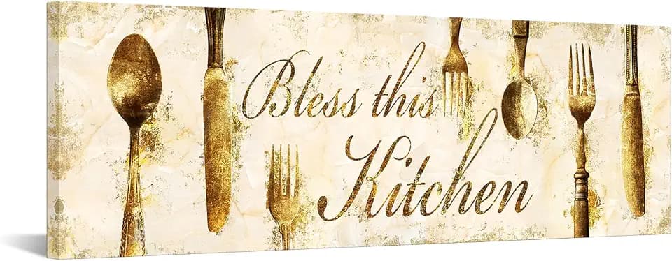 iKNOW FOTO Bless This Kitchen Canvas Wall Art 12x36'' Vintage Golden Utensils Rustic Dining Room Decor Farmhouse Kitchen Sign Ready to Hang