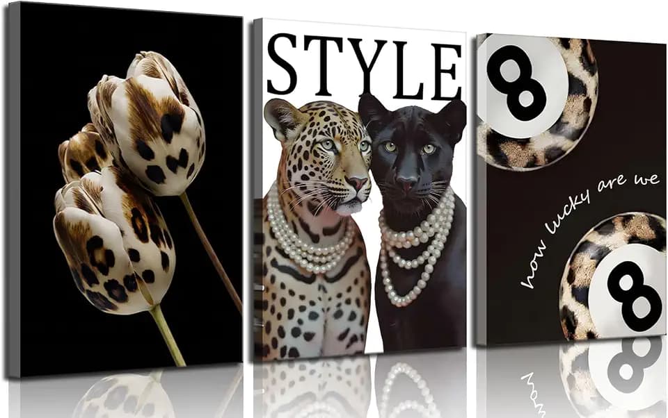 3Pcs Fashion Cheetah Canvas Wall Art Black and White Lucky 8 Ball Pictures Wall Decor Trendy Leopard Floral Aesthetic Posters Prints for Bedroom Apartment Dorm 12x16in
