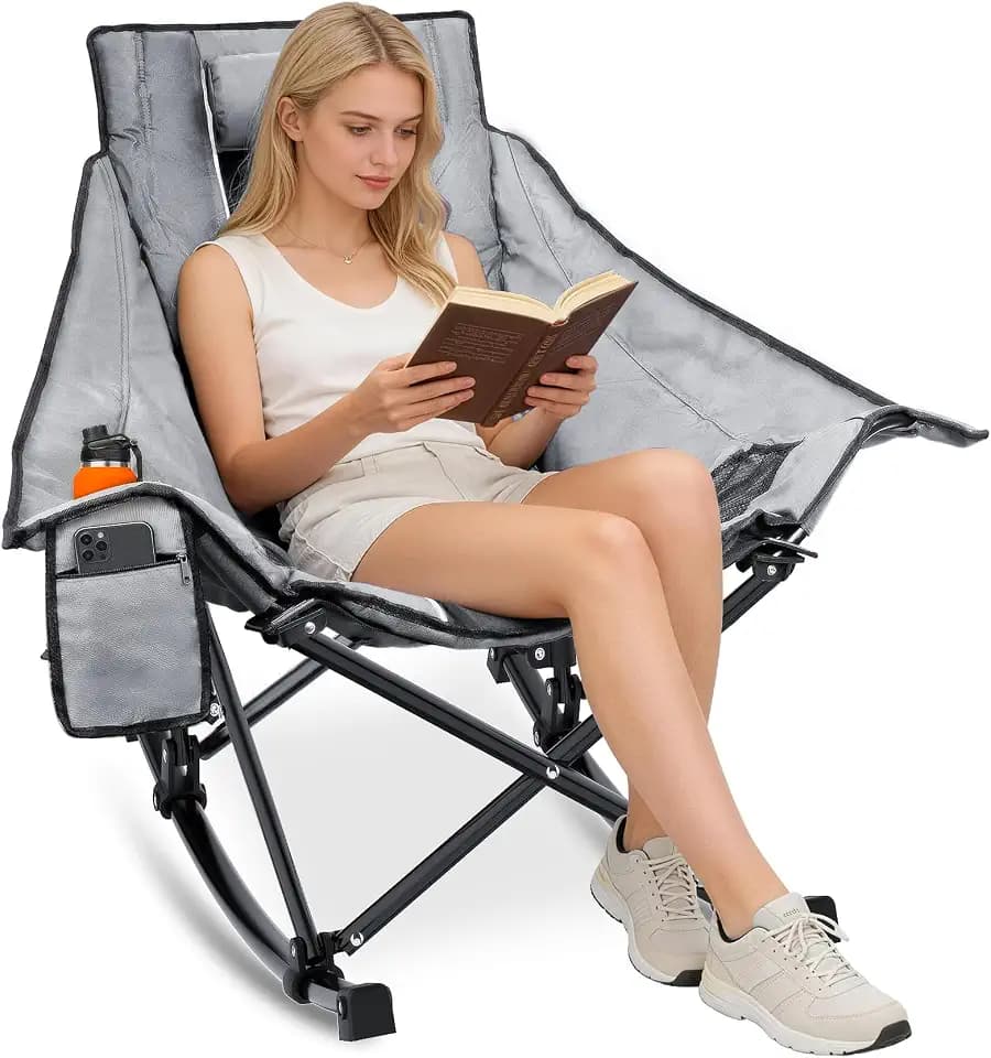 Suteck Oversized Rocking Camping Chair, Thick Padded Folding Rocking Chair for Adults, Outdoor Freestyle Rocker Chair with Cup Holder & Storage Pockets for Patio Lawn Camping