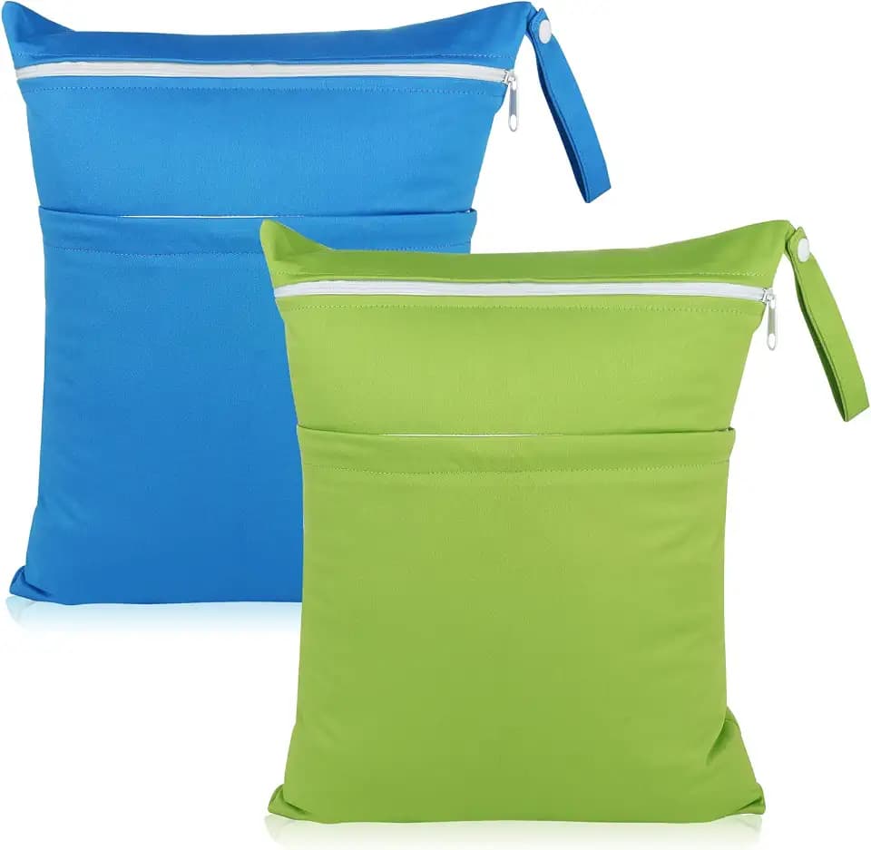 Angel Love Baby Cloth Diaper Wet/Dry Bags, 2 Pack With Two Zippered Pockets, Waterproof Washable Reusable for Travel, Beach, Pool, Gym, Swimsuits or Wet Clothes, L0109