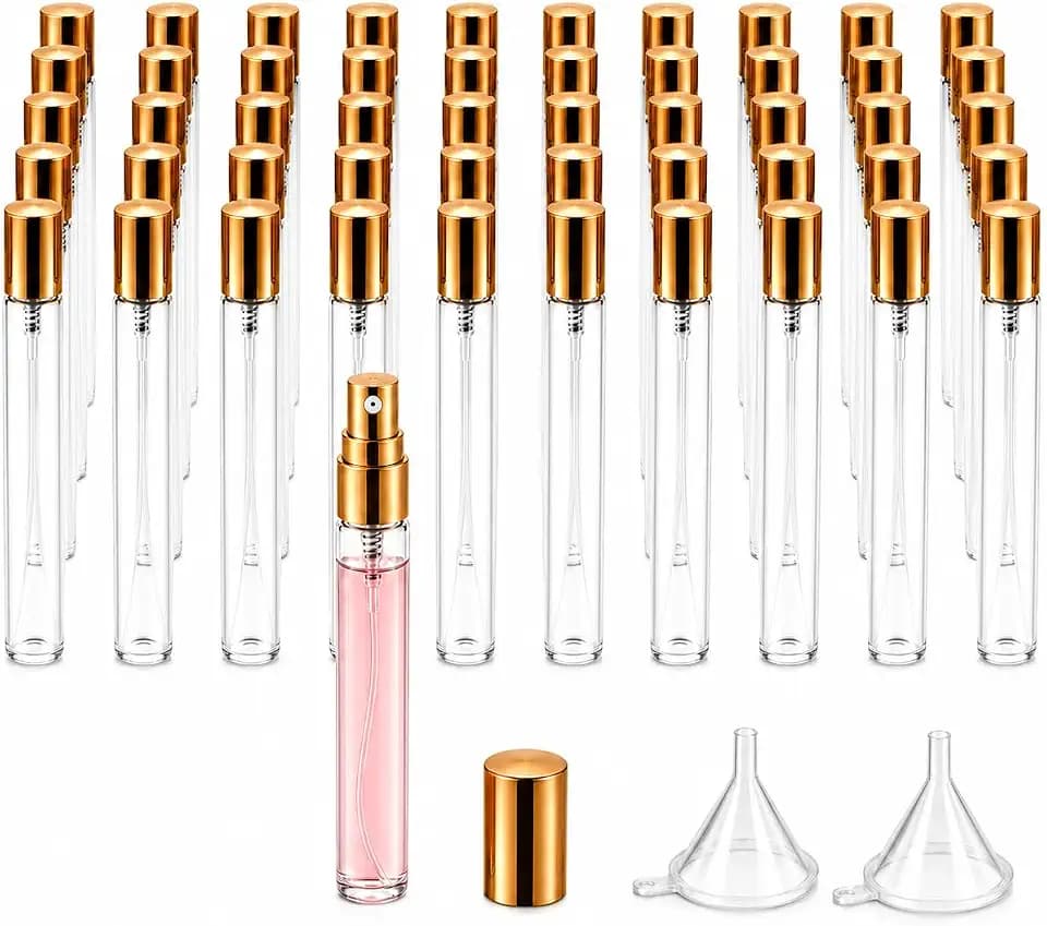 Zimtty 50Pcs 10ml Perfume Spray Bottles, Refillable Mini Atomizers with Caps, Portable Travel Sample Containers, Fine Mist Sprayers, Includes 2 Funnels, Ideal for Perfumes, Essential Oils