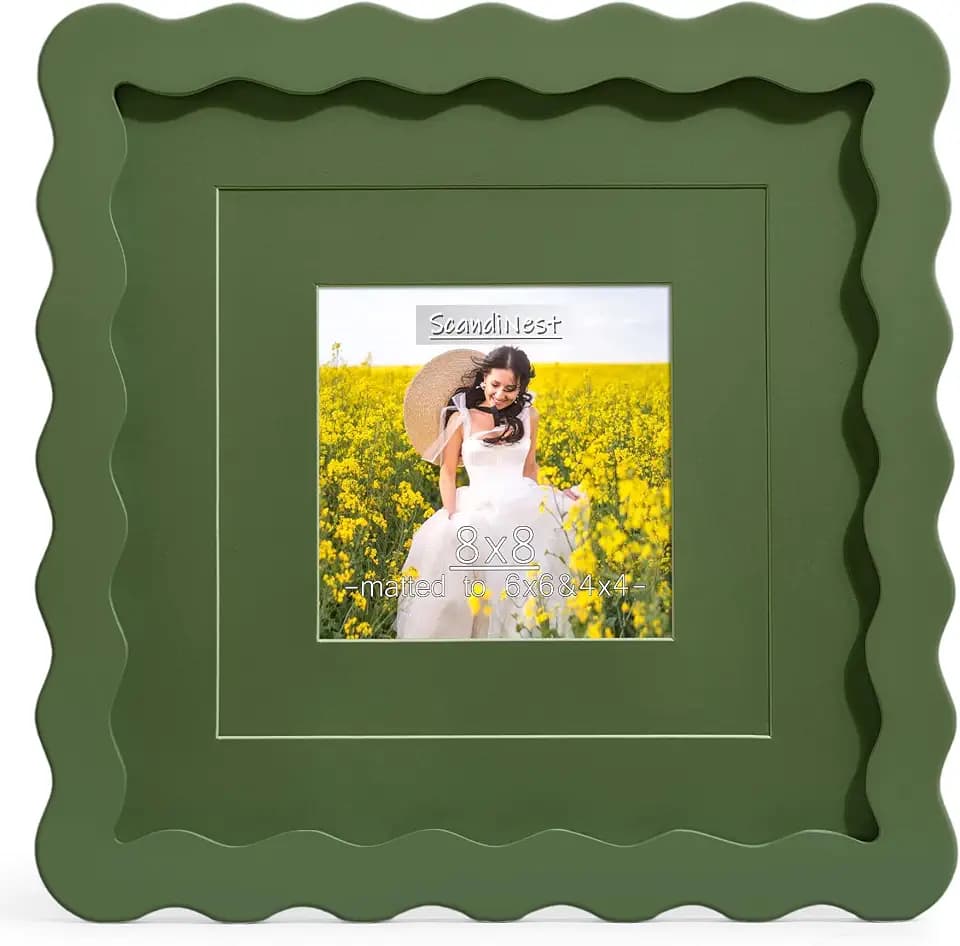 Scalloped 8x8 Picture Frame, Real Glass Wood Frame with Reversible Mat for 4x4/6x6 Prints, Wavy Edge for Wall or Tabletop, Decorative Photo Frame, Green