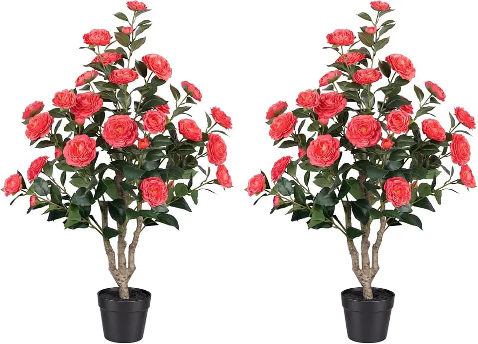 2 Pack 3FT Artificial Camellia Tree with Pink Flowers, UV Resistant Extra Lush Faux Potted Flowering Plant for Indoor Outdoor Front Porch Patio Home Office Decor, 36 Inch Tall Fake Tree