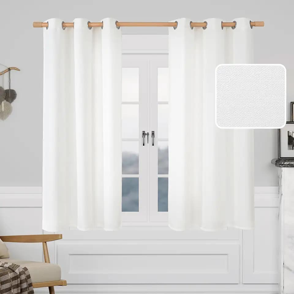 LAMIT Semi Sheer White Linen Curtains 54 Inch Length for Bedroom 2 Panels