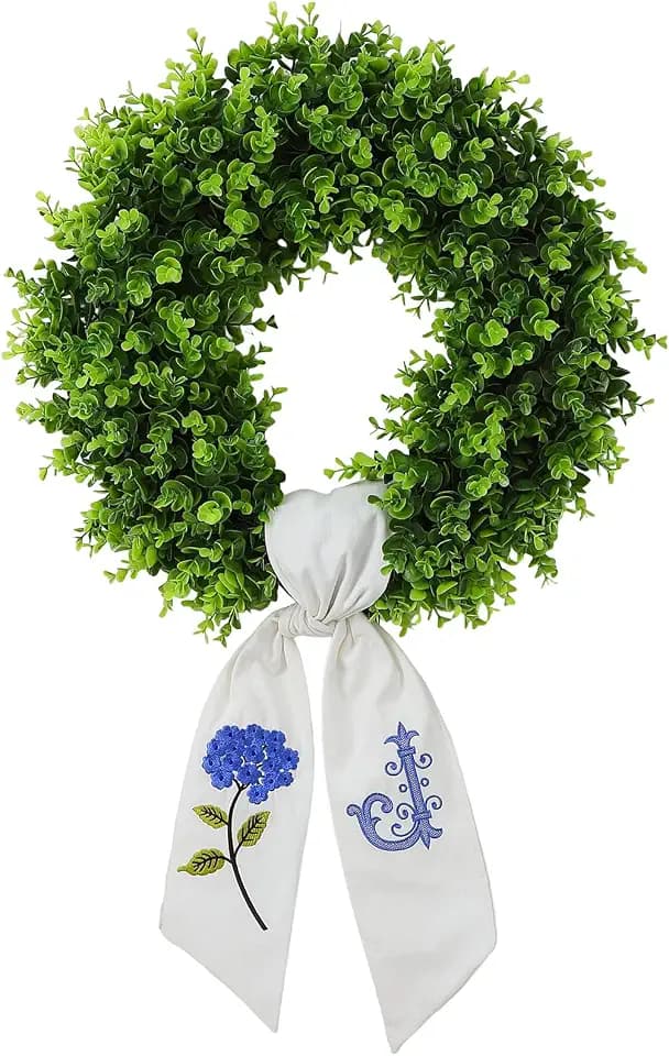 Boxwood Wreath for Front Door Spring Summer Wreaths Farmhouse Door Hanger,Last Name Year Round Porch Decor,20 inch Multi Occasion use Wreath with Personalized Monagram sash Embroidered -(J)