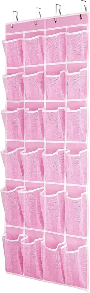 SAVERHO Hanging Shoe Organizer, Over The Door Shoe Organizer with 24 Breathable Mesh Pockets for Men Women Kids Hanging Shoe Storage Rack Organizer Size:58x21 Inch(Pink)