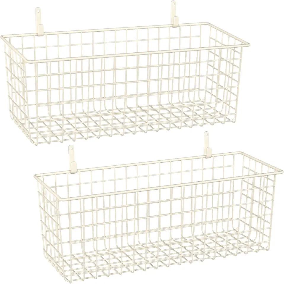 Kinlink 2 Sets White Extra Large Hanging Wall Basket with Steel Hooks