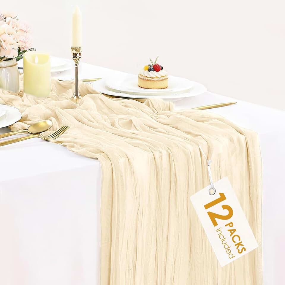 12 Packs Beige Cheesecloth Table Runner, Boho Gauze Cream Cheese Cloth Table Runner 10FT for Wedding Bridal Shower Baby Shower Birthday Farmhouse Home Decoration